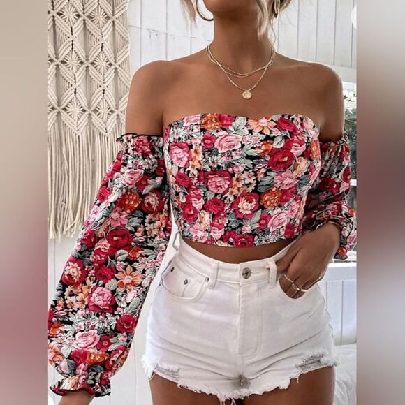 All Over Print Floral Off The Shoulder Shirred Top - Picture 11 of 11